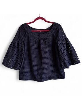 Trina Turk Navy Blue Bell Sleeve Eyelet Shirt Size M